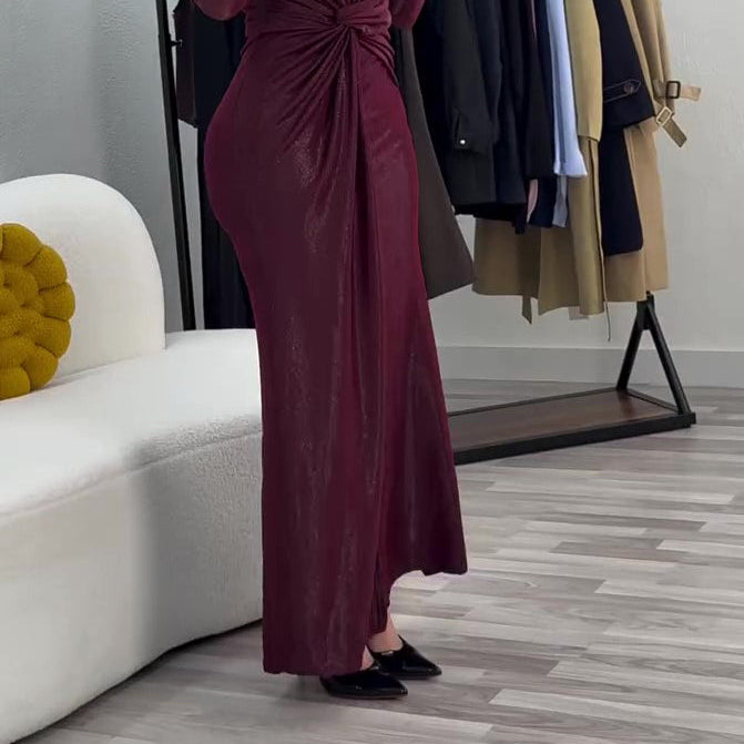 Metallic Maxi Dress With Twist Front Detail And Long Sleeves