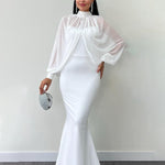Halter Neck Mesh Beaded Suspender Maxi Dress Two-piece Set - White