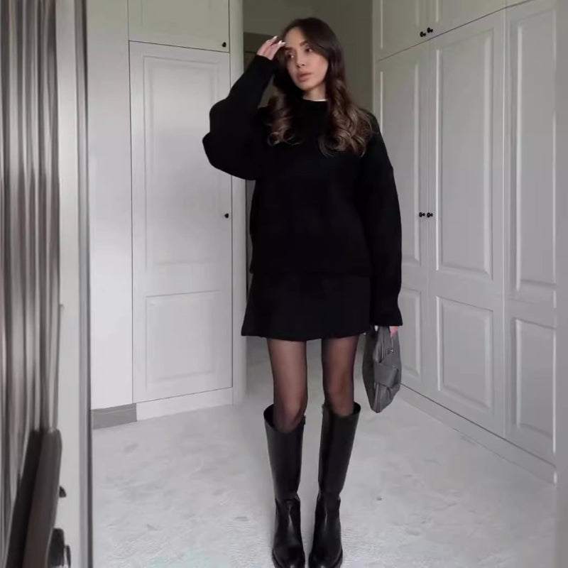 Long Sleeve Pullover Elegant Solid High Waist Mini Skirt Outfit
