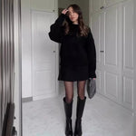 Long Sleeve Pullover Elegant Solid High Waist Mini Skirt Outfit