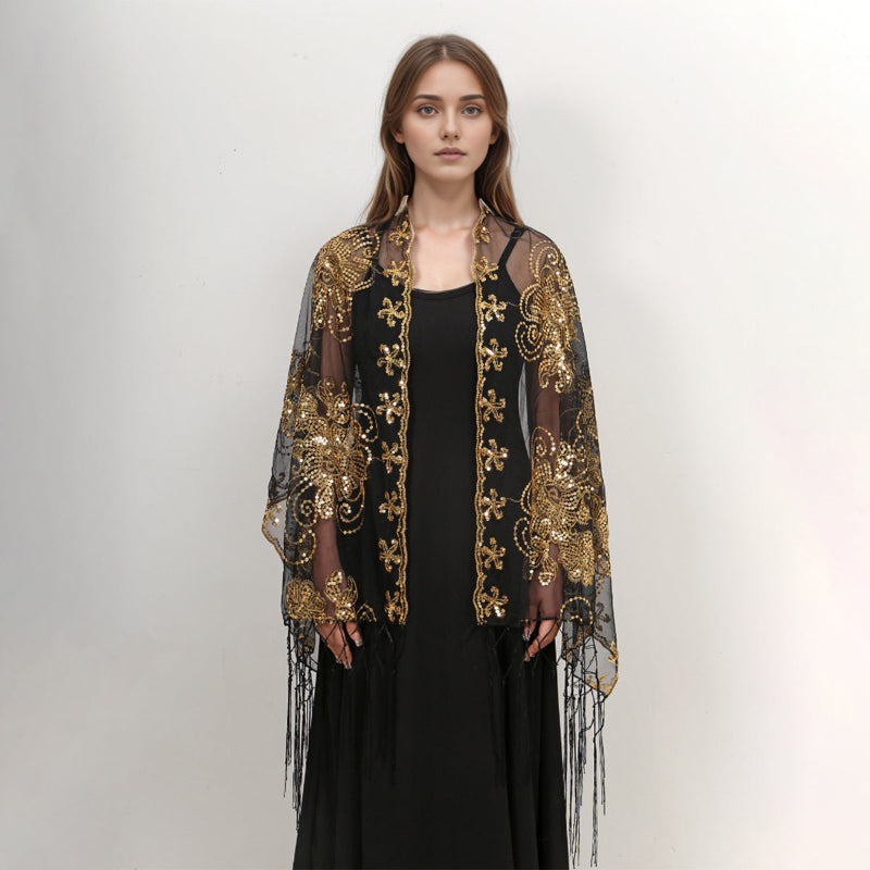 Long Fringe Sequin Embroidered Shawl