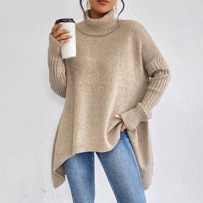 Irregular Turtleneck Sweater: Modern Intellectual Style - beige