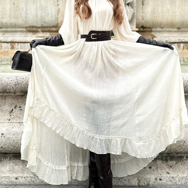 White Long-sleeved Ruffled Tie Maxi Dress