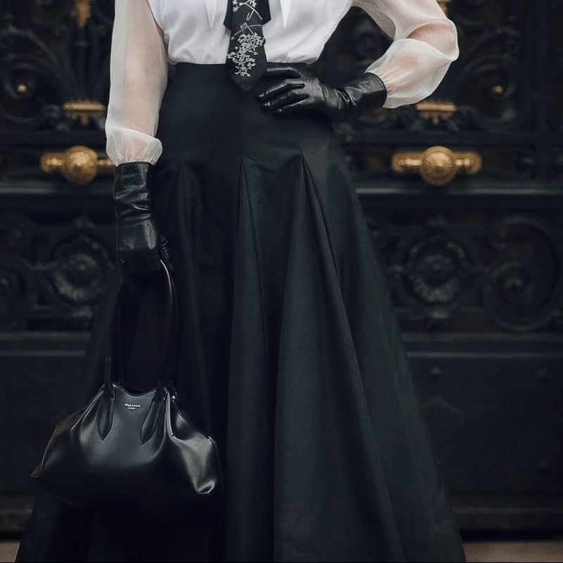 Black & White Oversized Shoulder Shirt & High-Waisted Maxi Skirt Set