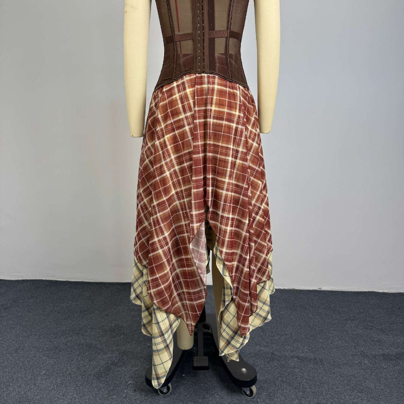 Brown Corset Top & Plaid Asymmetrical Midi Skirt 2-Piece Set