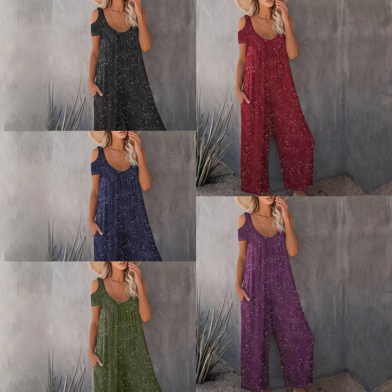 Glitter-Speckle Cold-Shoulder Cap-Sleeve Scoop-Neck Relaxed Wide-Leg Jumpsuit with Pockets — 5 Colours, S–5XL