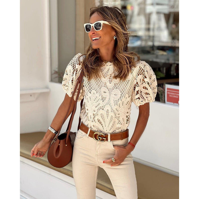 Short Sleeve Split Lace Top - runwayfashionista.com