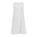 A sleeveless, mid-length A-line tank dress with a round neck.