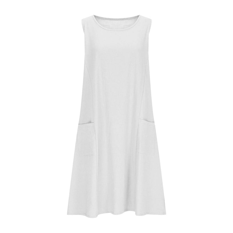 A sleeveless, mid-length A-line tank dress with a round neck.