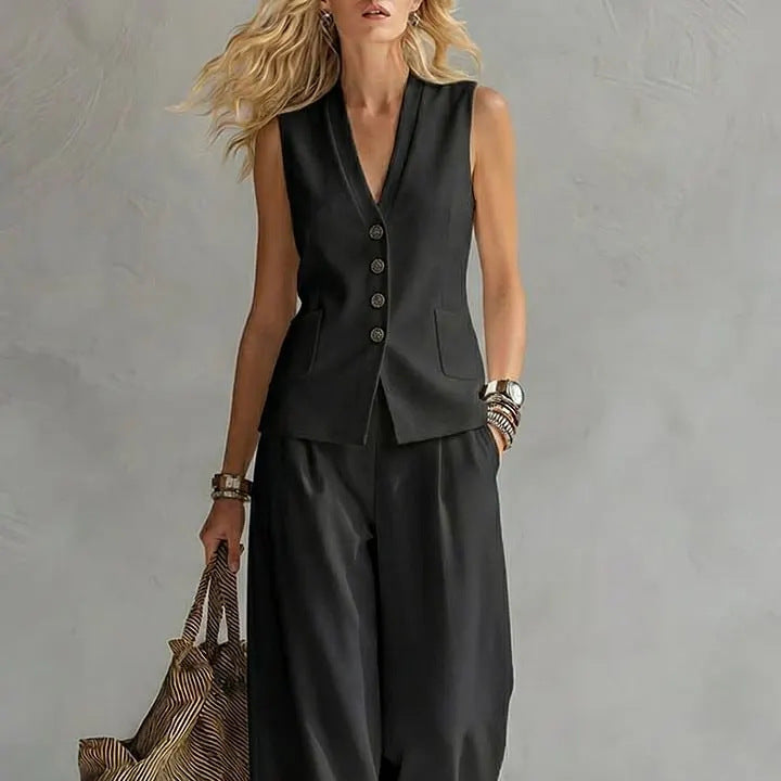 Two-piece V-Neck Sleeveless Vest And Wide Leg Pants - black