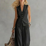 Two-piece V-Neck Sleeveless Vest And Wide Leg Pants - black