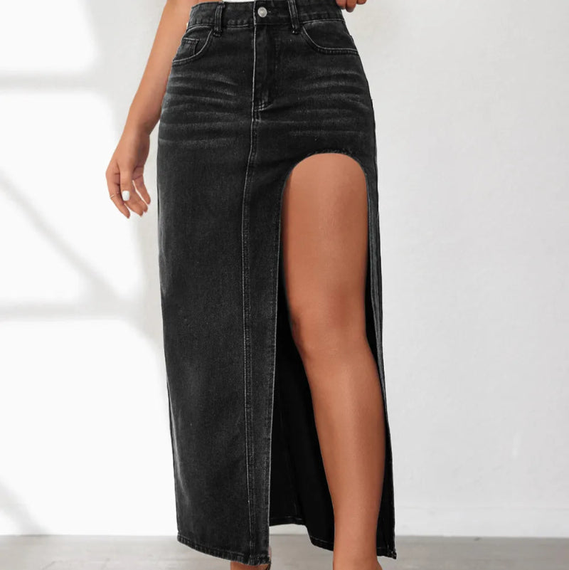 High Rise Slit Denim Skirt