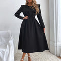 Ruched Ruffled Round Neck Long Sleeve Dress - runwayfashionista.com