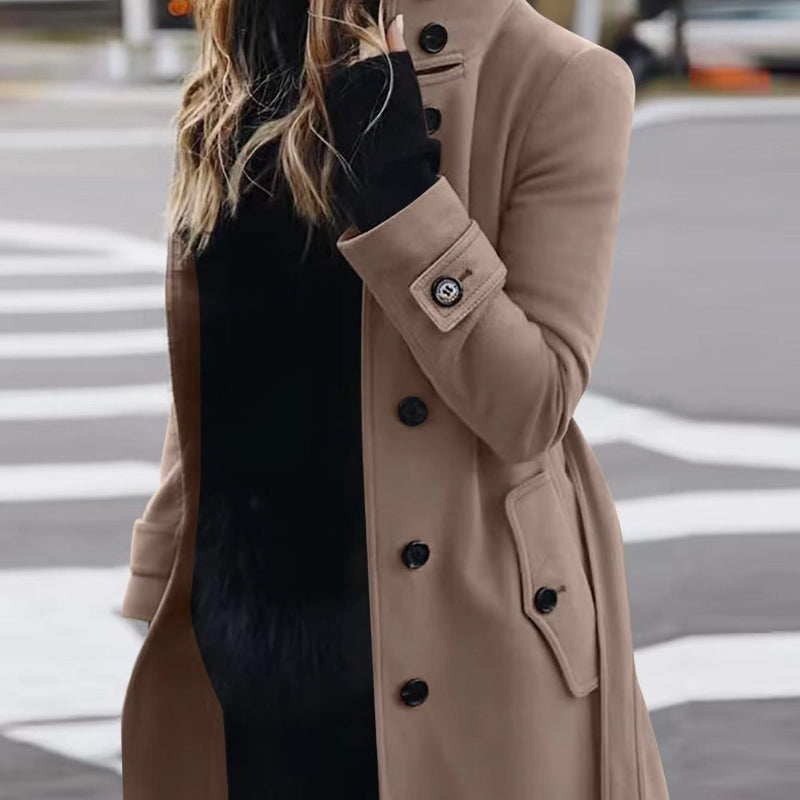 Single Breasted Stand Collar Woolen Coat - beige