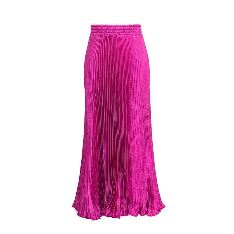 Glossy pleated long skirt