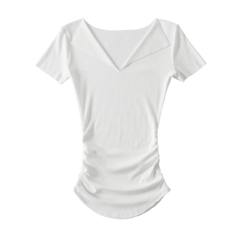 Half open solid color threaded short sleeved shirt
