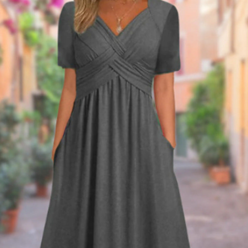 Gemini saidEffortless Chic: The V-Neck Short Sleeve Pocket Midi Dress - dark grey