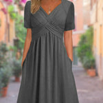 Gemini saidEffortless Chic: The V-Neck Short Sleeve Pocket Midi Dress - dark grey