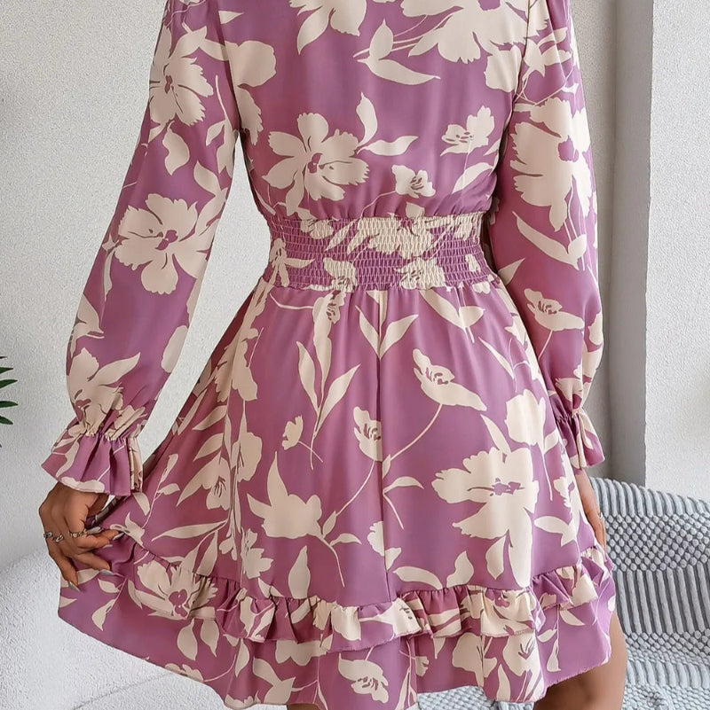 Tied Ruffled Printed Long Sleeve Dress - runwayfashionista.com