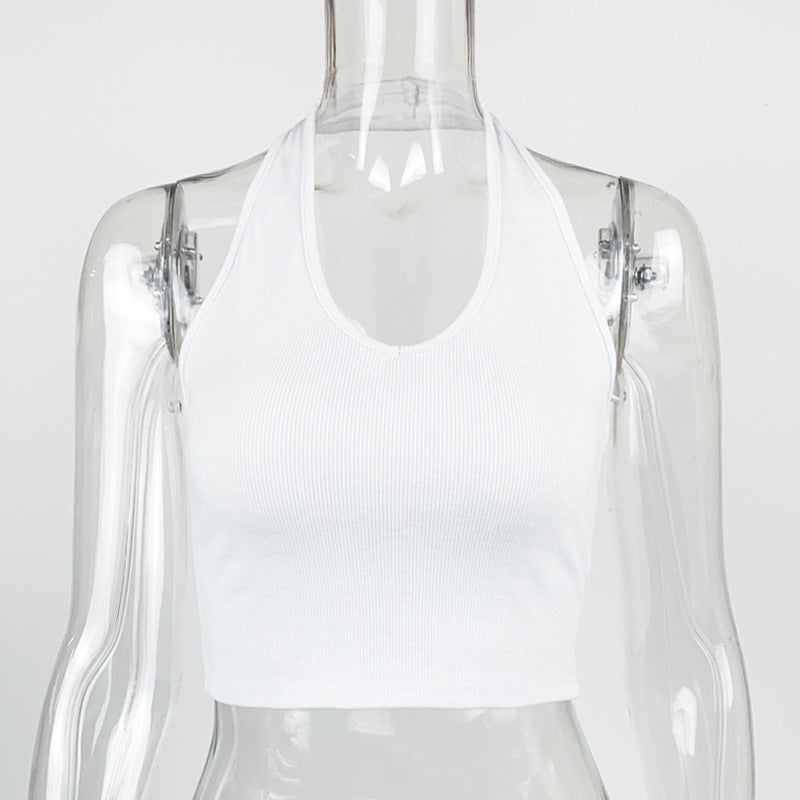 A white slim-fit sleeveless halter top displayed on a mannequin, showcasing its solid color and street fashion style.