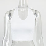 A white slim-fit sleeveless halter top displayed on a mannequin, showcasing its solid color and street fashion style.