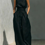 Stand-up Collar Pullover Top And Loose Straight-leg Trousers