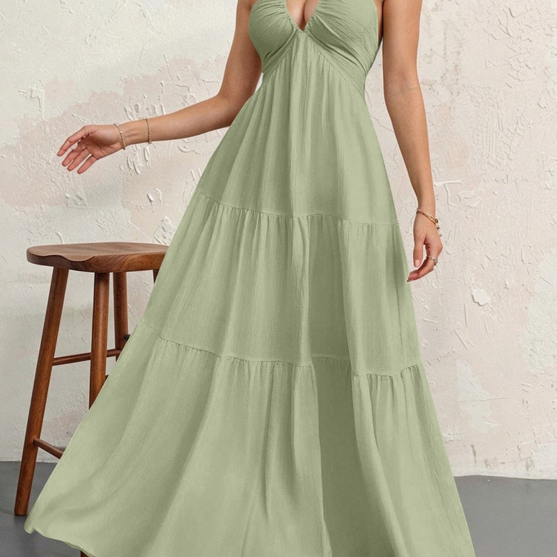 Backless Halterneck V-Neck Pleated A- Line Midi Dress - green