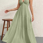 Backless Halterneck V-Neck Pleated A- Line Midi Dress - green