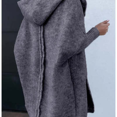 Oversized Bat Sleeve Hooded Cardigan- grey