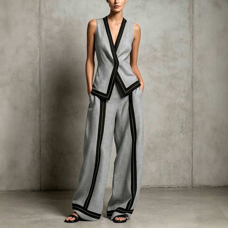 Contrast Trim Vest & Wide Leg Pants Set - grey