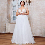 Plus-Size Bridal Gown — Illusion-Lace Bodice, Beaded Fringe Shoulder, Tulle A-Line Floor-Length — Curve Sizes 0XL–4XL