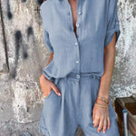 Lapel Button Shirt Top And Pocket Shortsbue