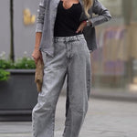 Denim Tie Long Sleeve Top & High Waist Pants Set