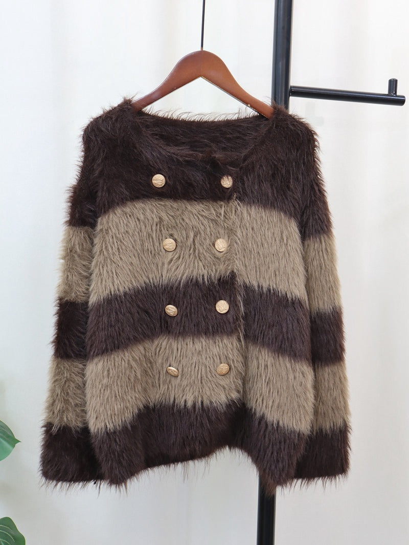 Striped Faux Fur Loose Cardigan - runwayfashionista.com