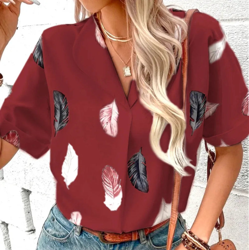 Printed Collared Neck Short Sleeve Blouse - runwayfashionista.com