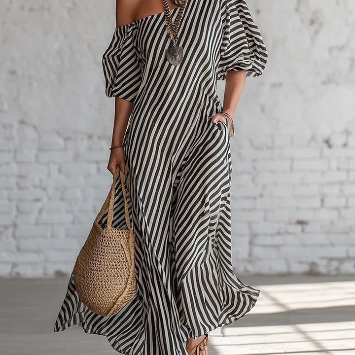 Striped Print Short-Sleeved Maxi Dress - black