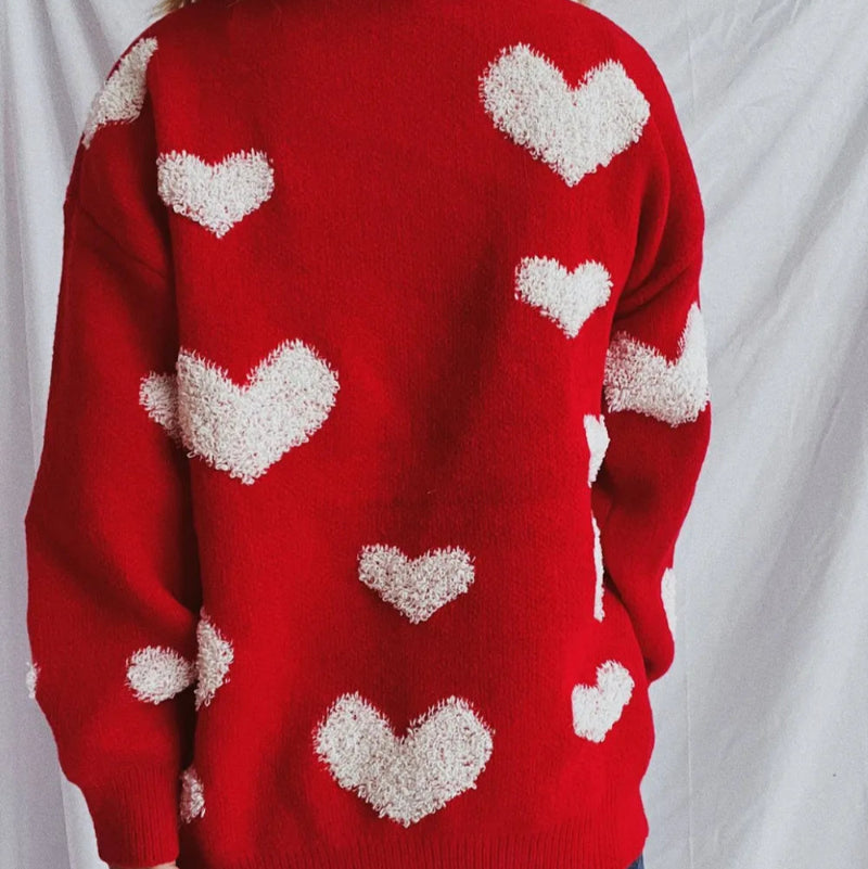 Heart Round Neck Dropped Shoulder Sweater - runwayfashionista.com