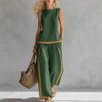 Round-neck Sleeveless Vest Top And High-waist Wide-leg Pants - green