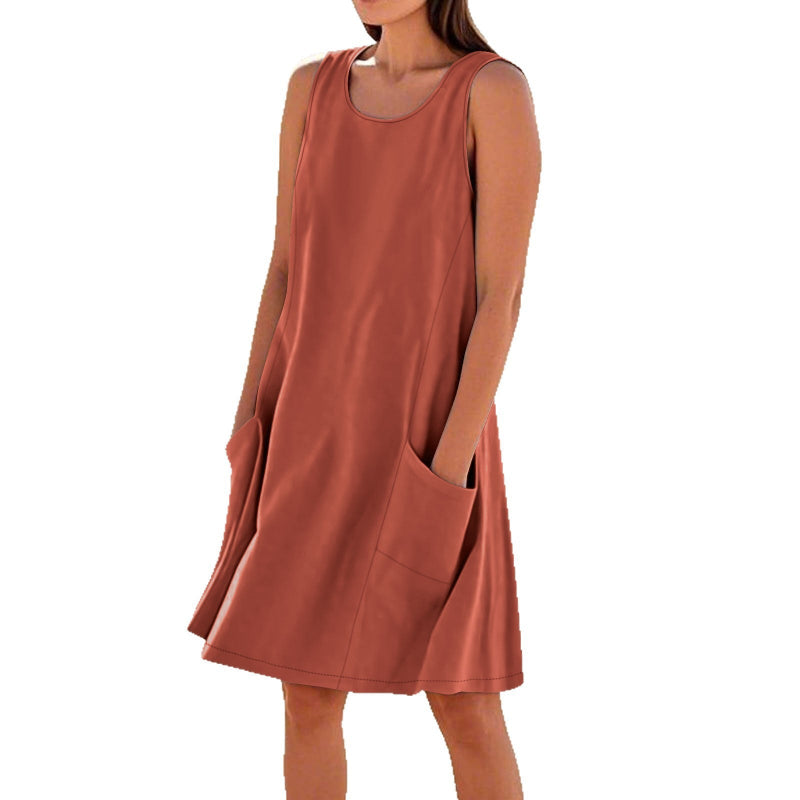 A sleeveless, mid-length A-line tank dress with a round neck.