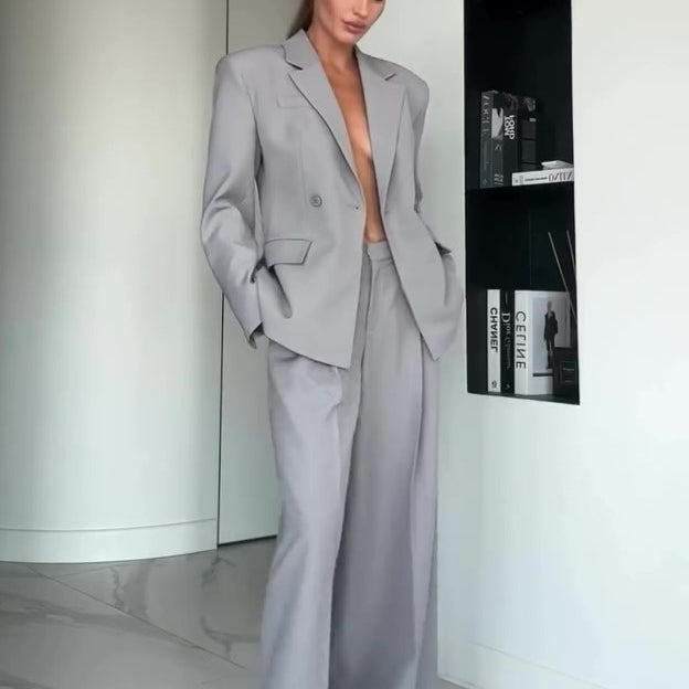 Grey Single-button Blazer & Wide-leg Pants Suit - grey