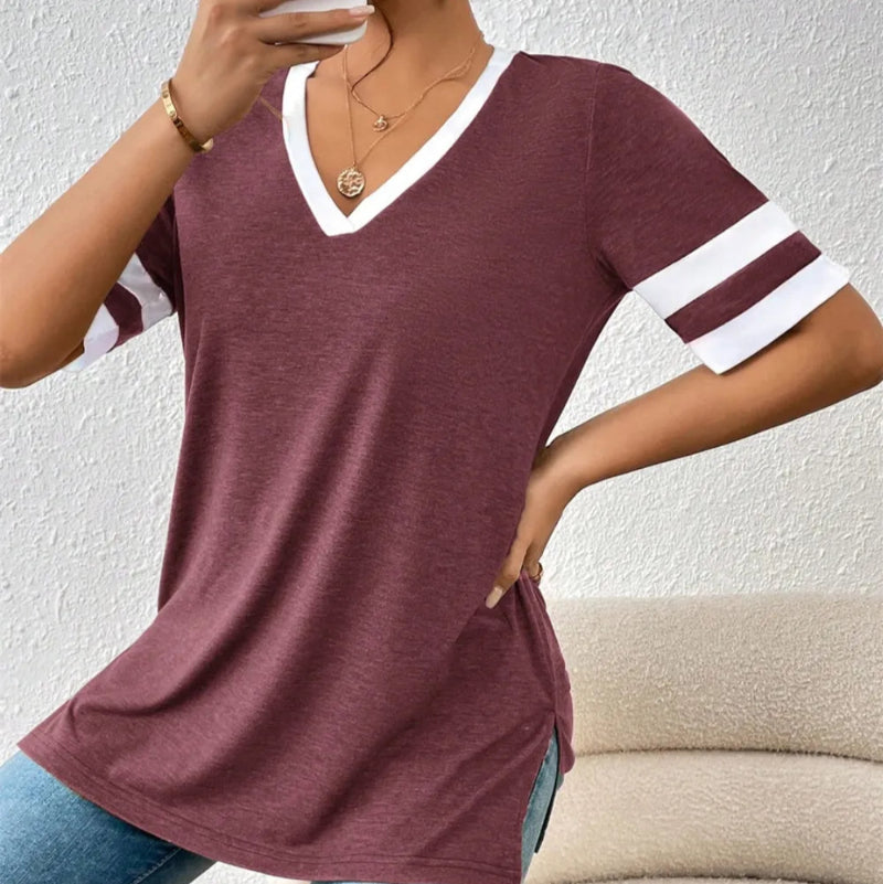 Contrast Trim V-Neck Short Sleeve T-Shirt - runwayfashionista.com