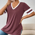 Contrast Trim V-Neck Short Sleeve T-Shirt - runwayfashionista.com