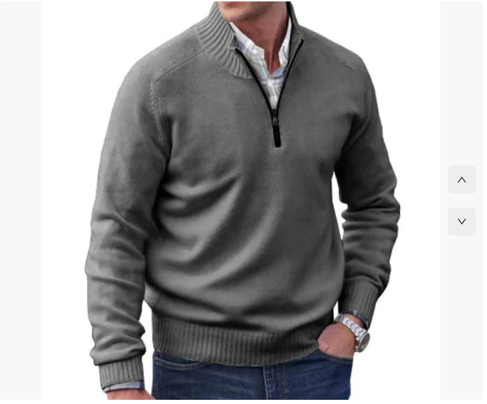 Zipper Stand Collar Knitted Sweater -grey