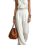 Halter Neck Shirred Waist Wide-Leg Jumpsuit - white