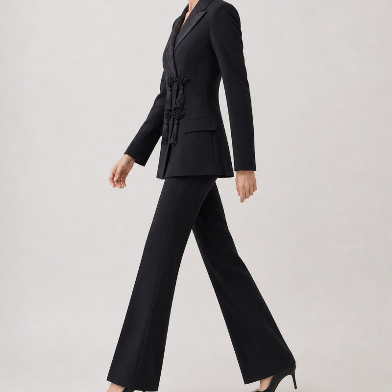 Knot Detail Blazer and Trouser Suit - black 