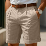 Pleated Linen Shorts with Turn-Up Hem - khaki