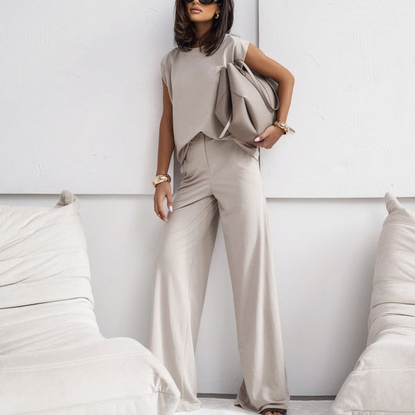 2 Piece Casual Set Short Sleeve T-Shirt Vest Loose Wide Leg Pants - white