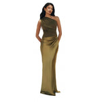 Slanted Shoulder Pleated Patchwork Satin Maxi Skirts