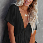 Tied Plunge Short Sleeve Blouse - runwayfashionista.com