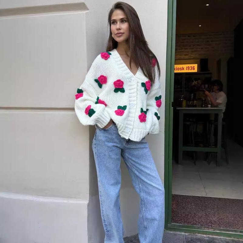 Three Dimensional Rose Knitted Cardigan